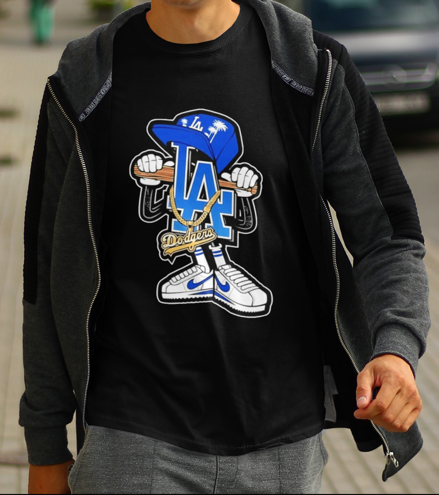 LA Dodgers Palm Trees Gold Chain With Blue Hat And Sneakers T-Shirt