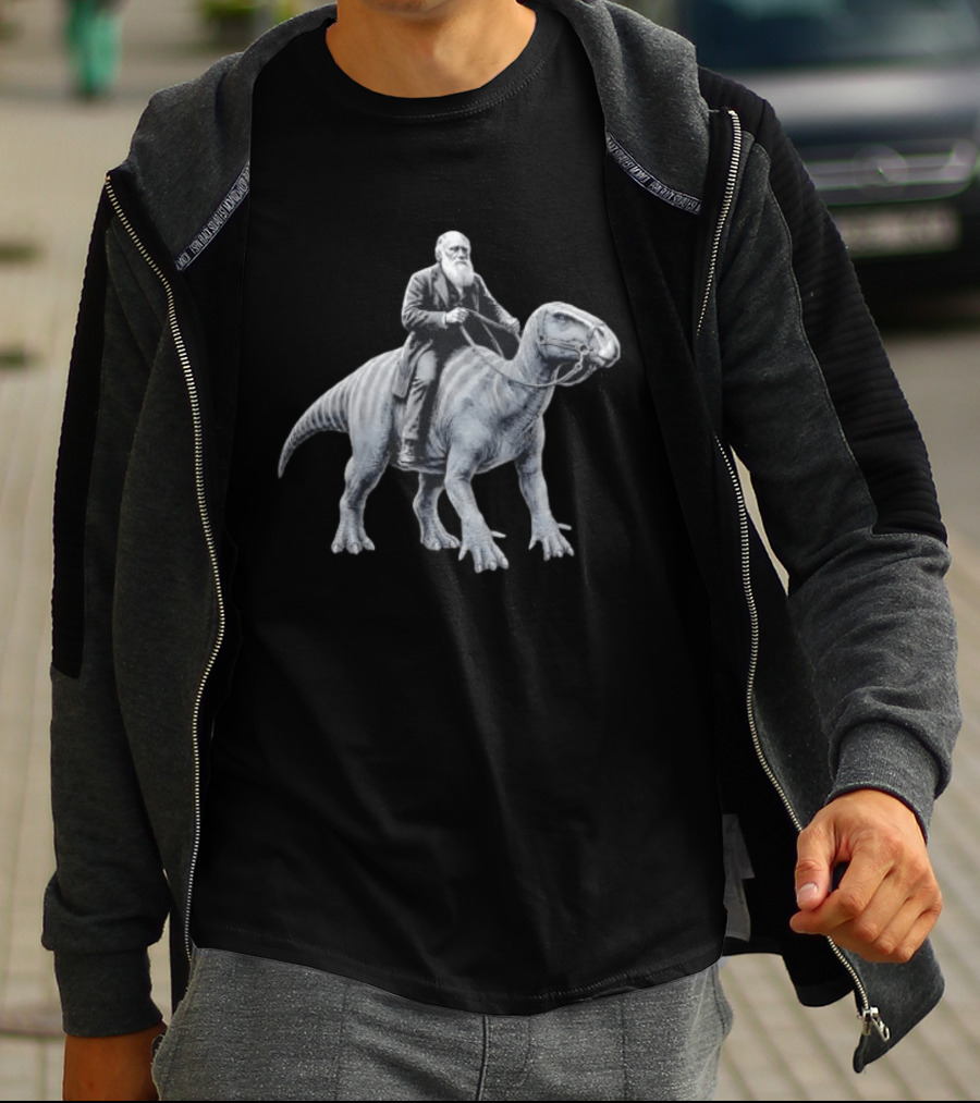 Charles Darwin Riding Dinosaur Evolution Science Lover T-Shirt