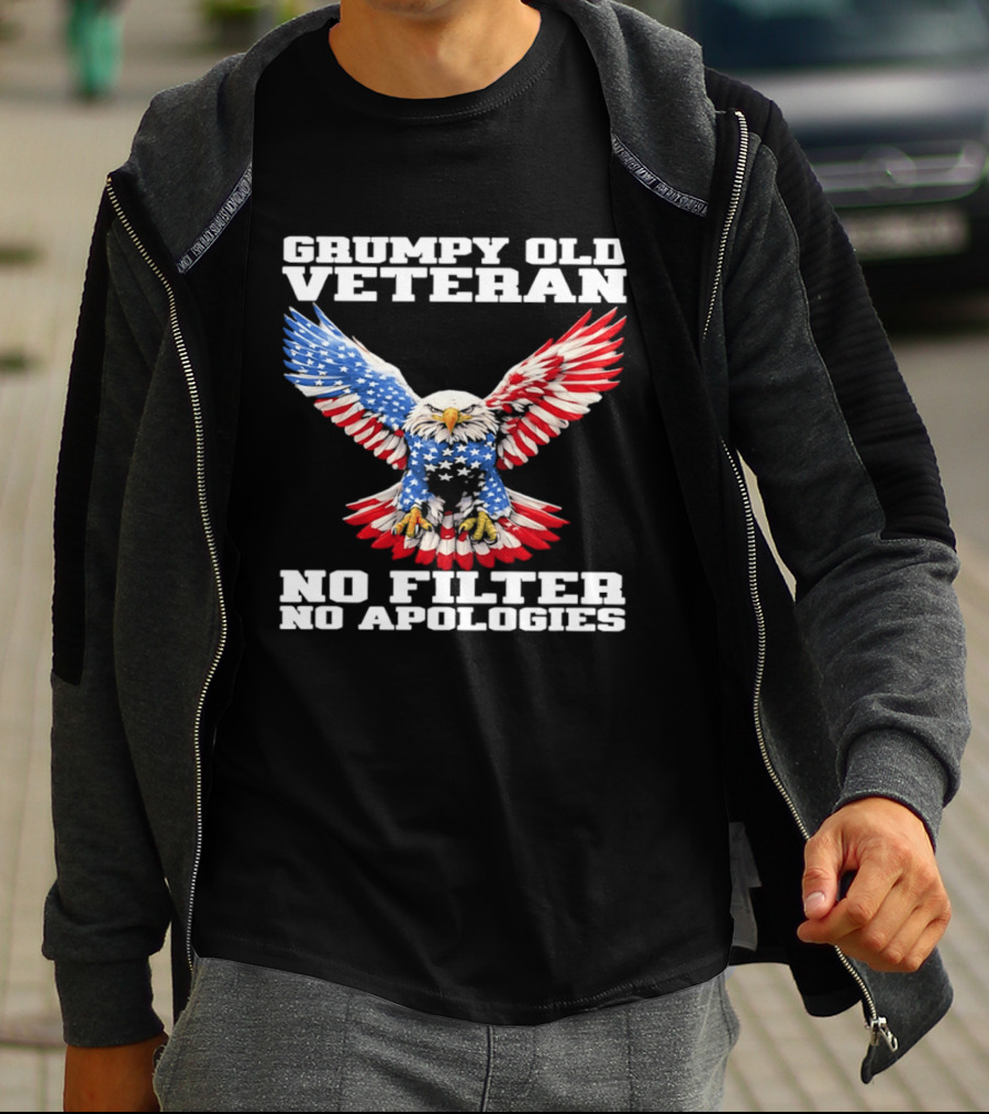 Grumpy Old Veteran American Flag Eagle No Filter No Apologies T-Shirt