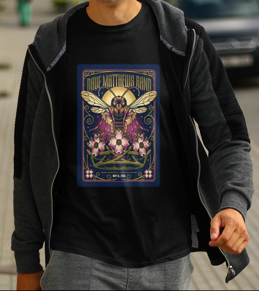 Dave Matthews Band Concert Charlotte NC May 16 2026 Truant Amphitheater Art Deco Inspired Honeybee And Flowers T-Shirt