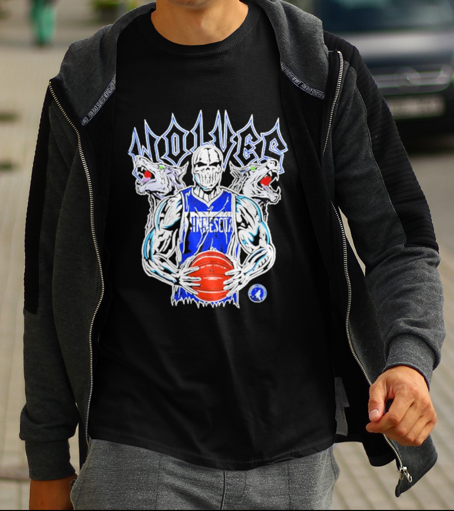 Wolves Minnesota Basketball Skeleton Player With Wolf Heads T-Shirt