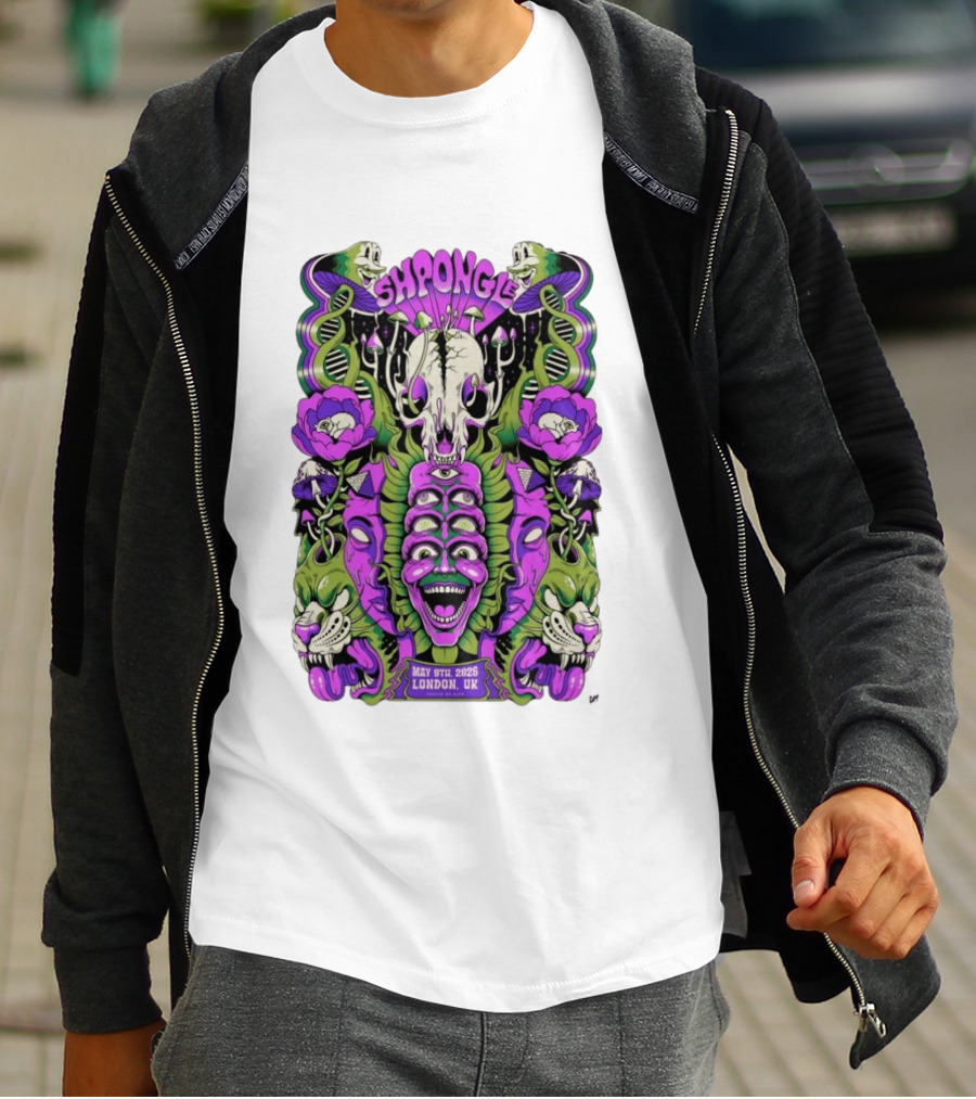 Shpongle May 9th 2026 London UK Psychedelic Imagery Skeletons And Flowers T-Shirt