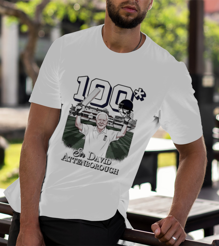 Sir David Attenborough 100 Celebration Cricket Bat And Helmet Raised T-Shirt