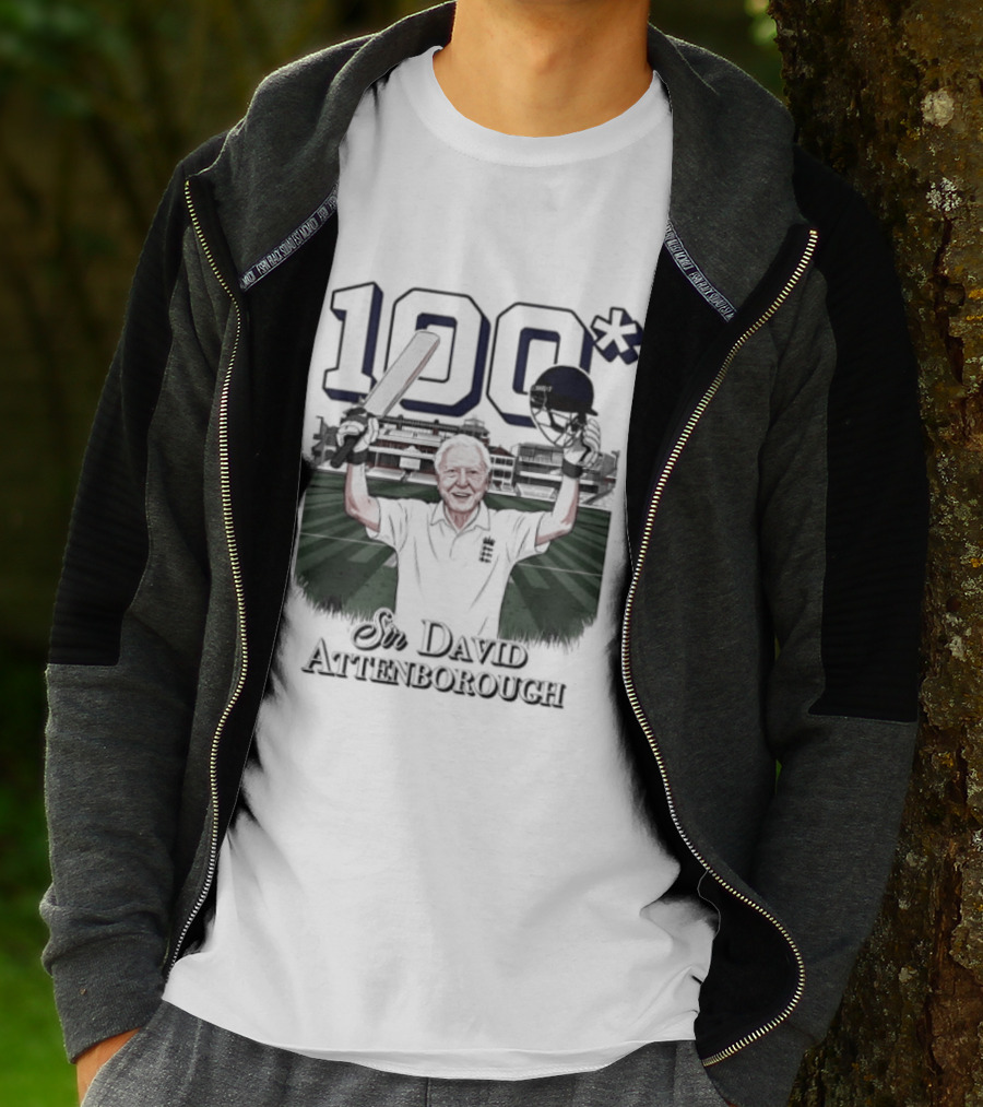 Sir David Attenborough 100 Celebration Cricket Bat And Helmet Raised T-Shirt