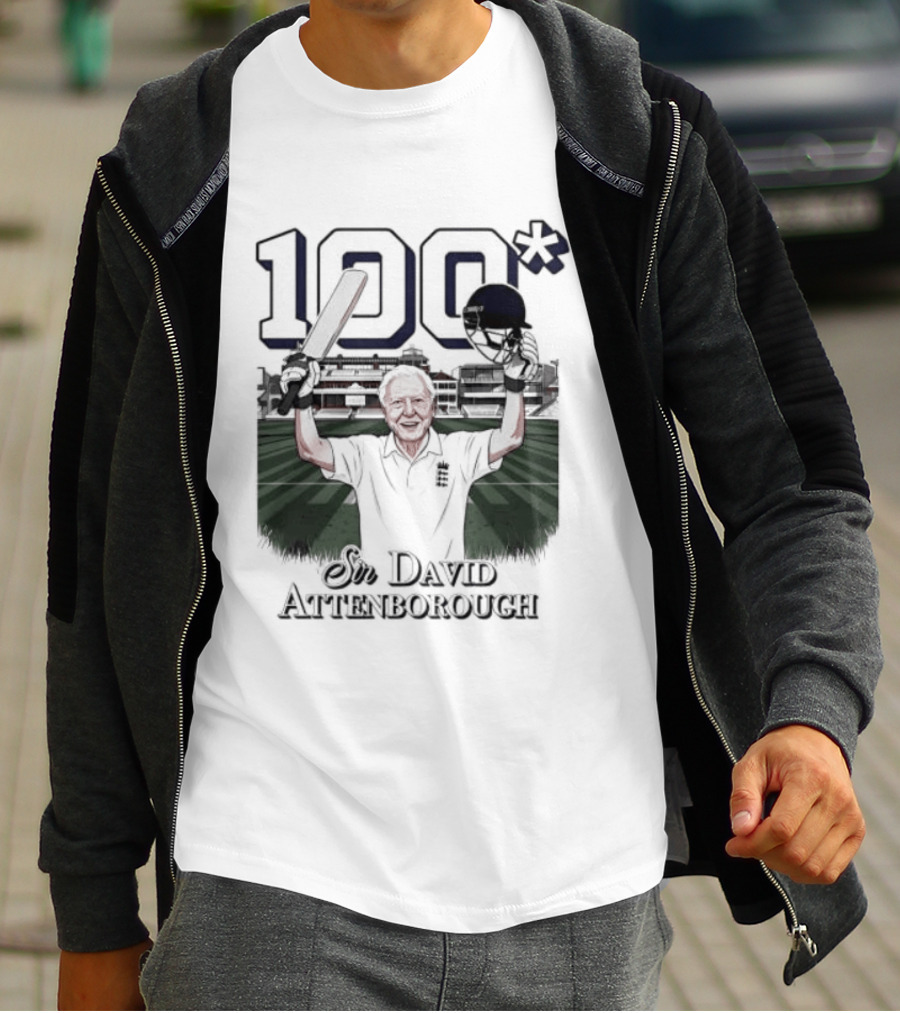Sir David Attenborough 100 Celebration Cricket Bat And Helmet Raised T-Shirt