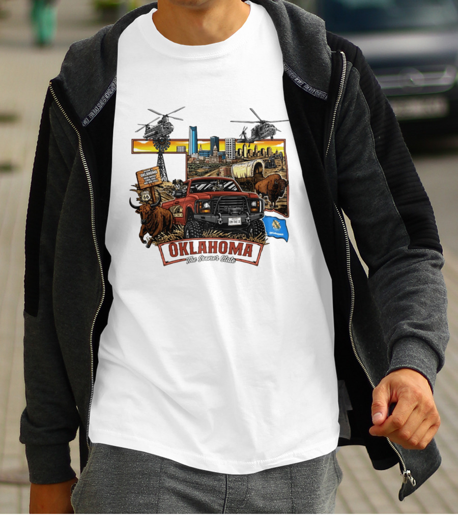 Oklahoma The Sooner State Route 66 Buffalo Cityscape Helicopters T-Shirt