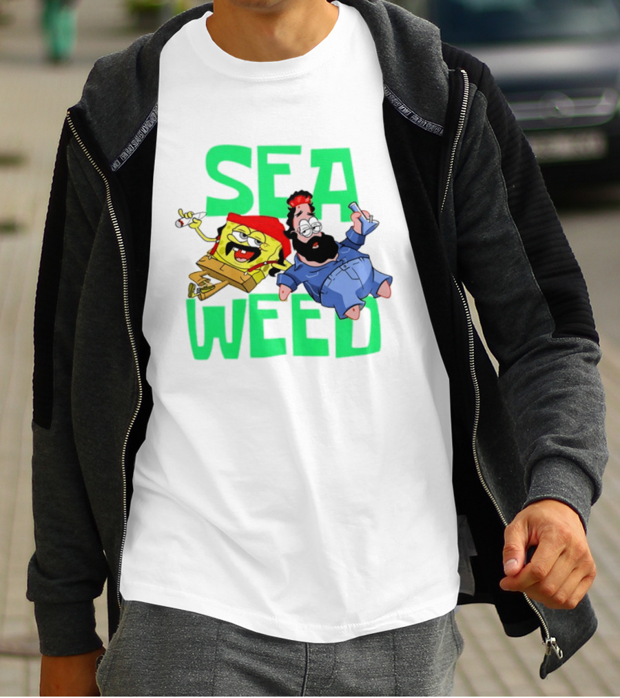 Sea Weed Sponge And Bearded Duo Cartoon Characters T-Shirt