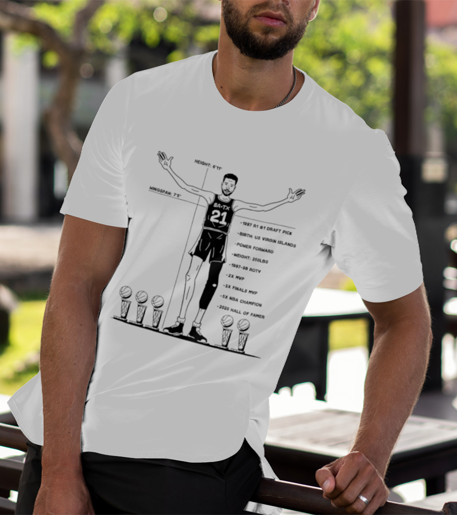 Spurs Tim Duncan 1997 R1 #1 Draft Pick Power Forward 1997 98 ROTY Virgin Islands 2003 Hall Of Fame 15x NBA All Star 2x NBA MVP 5x NBA Champion T-Shirt