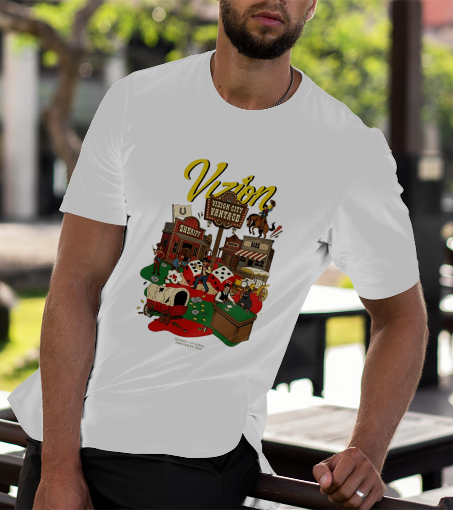 Vizion City Vantage Wild West Cowboy Town Dice Saloon Sheriff Wagon Horse T-Shirt