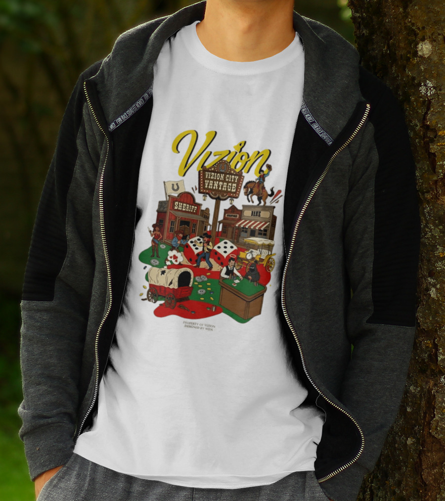 Vizion City Vantage Wild West Cowboy Town Dice Saloon Sheriff Wagon Horse T-Shirt