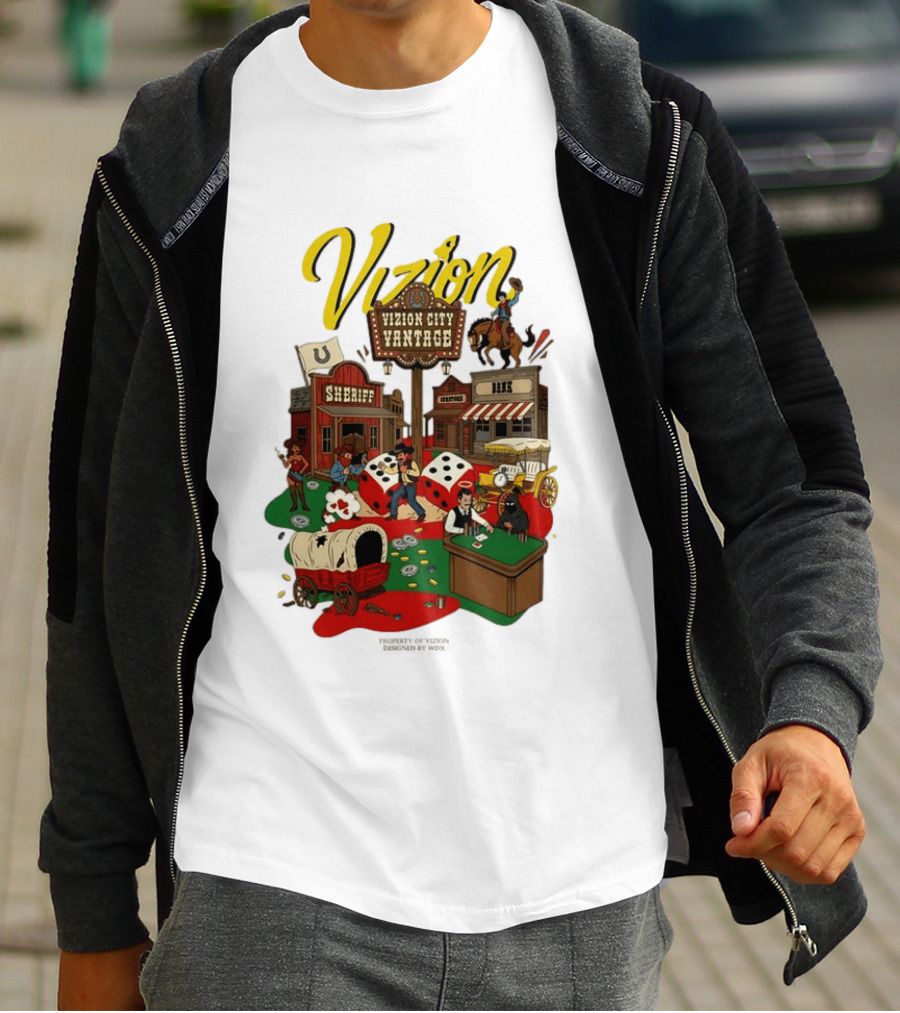 Vizion City Vantage Wild West Cowboy Town Dice Saloon Sheriff Wagon Horse T-Shirt