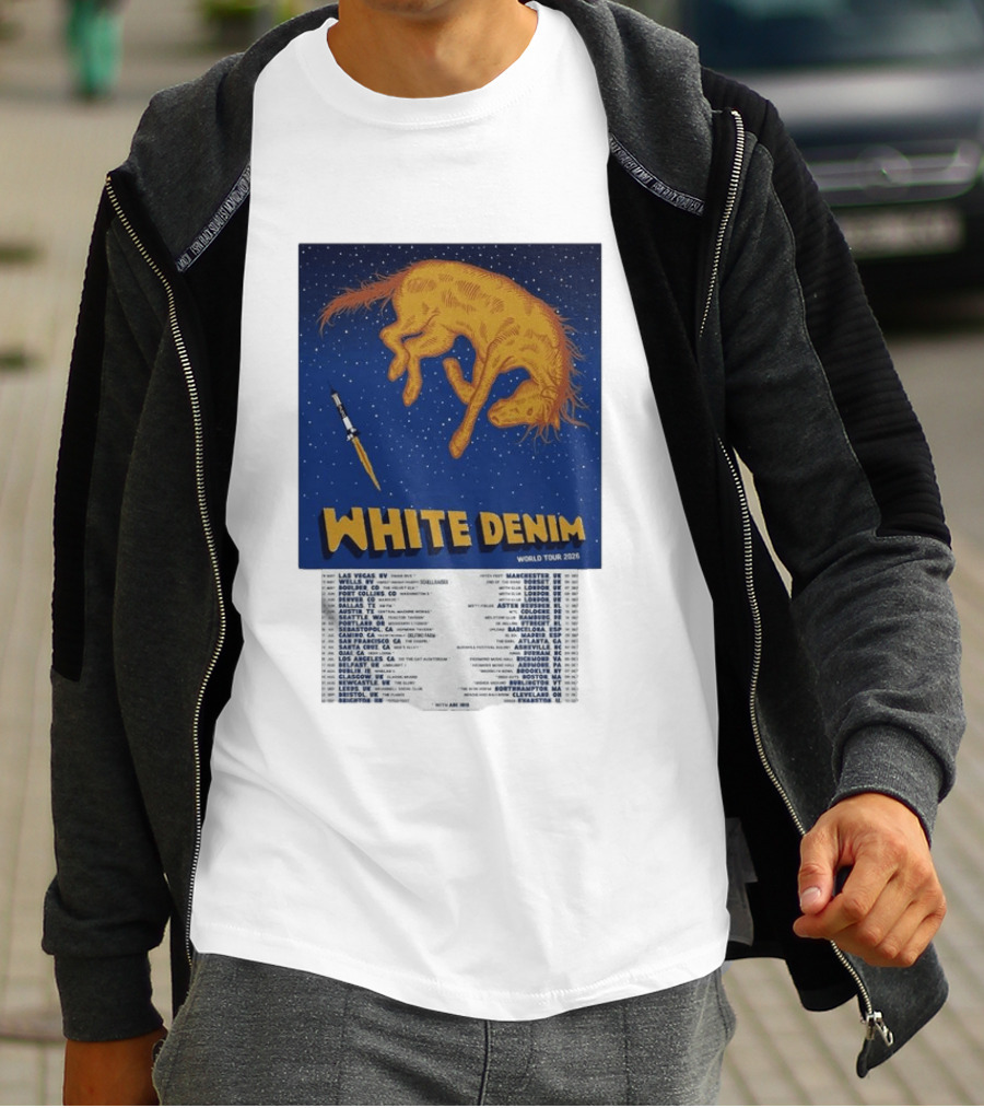 White Denim World Tour 2026 Tour Dates And Cities With Starry Night Horse Scene T-Shirt