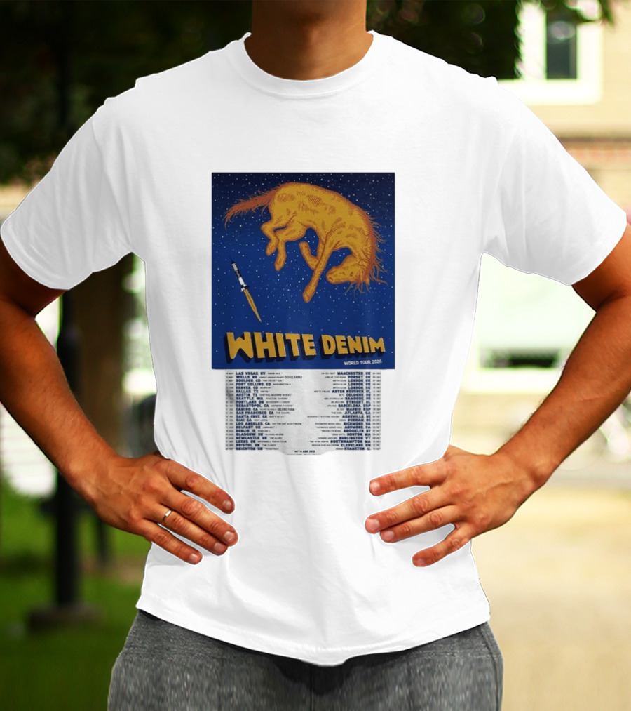 White Denim World Tour 2026 Tour Dates And Cities With Starry Night Horse Scene T-Shirt