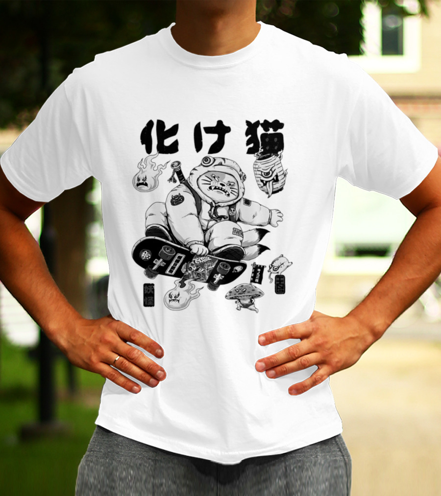 Bakeneko Gang Skateboarding Cat Demon Kanji T-Shirt
