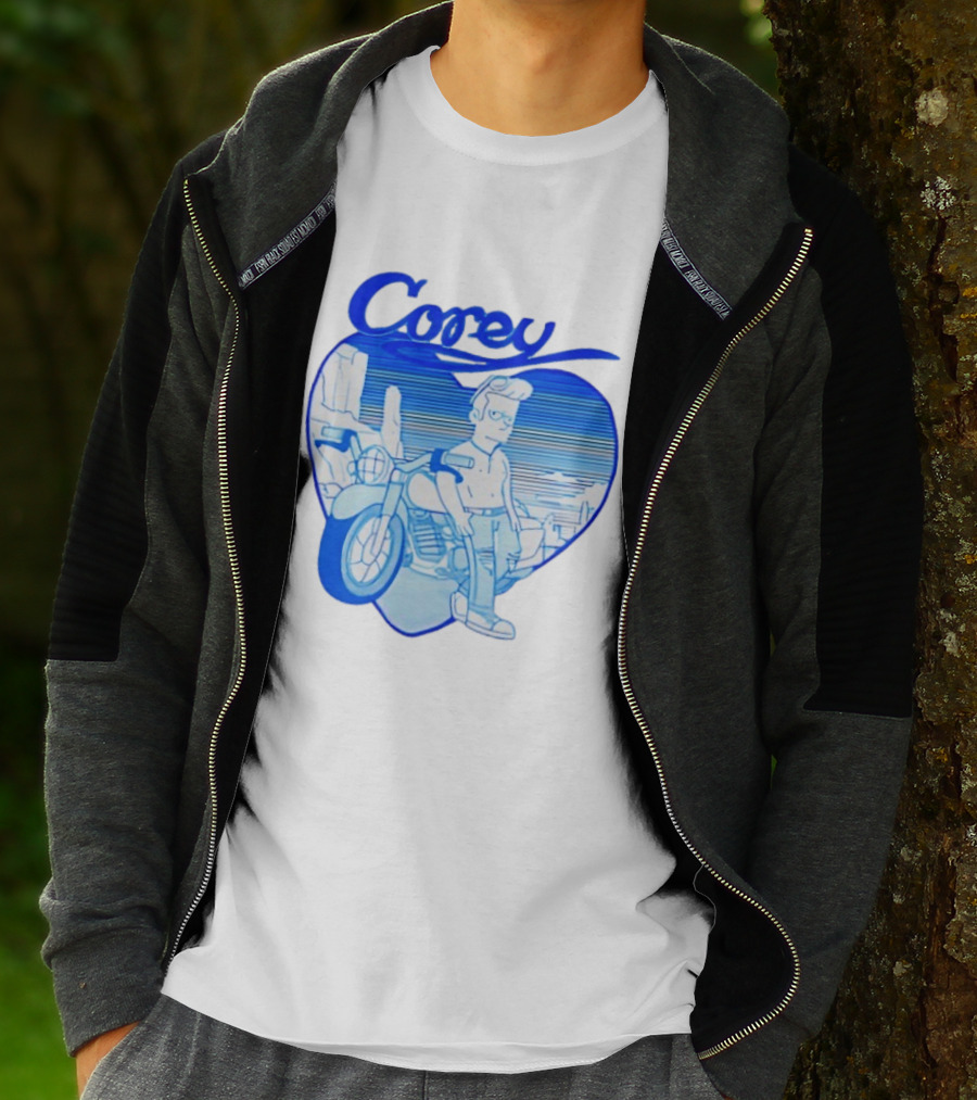 Corey Simpson Motorcycle In Heart Retro Cartoon Style With Blue Desert T-Shirt
