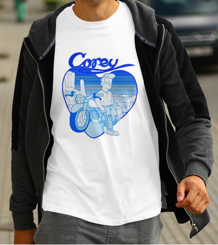 Corey Simpson Motorcycle In Heart Retro Cartoon Style With Blue Desert T-Shirt