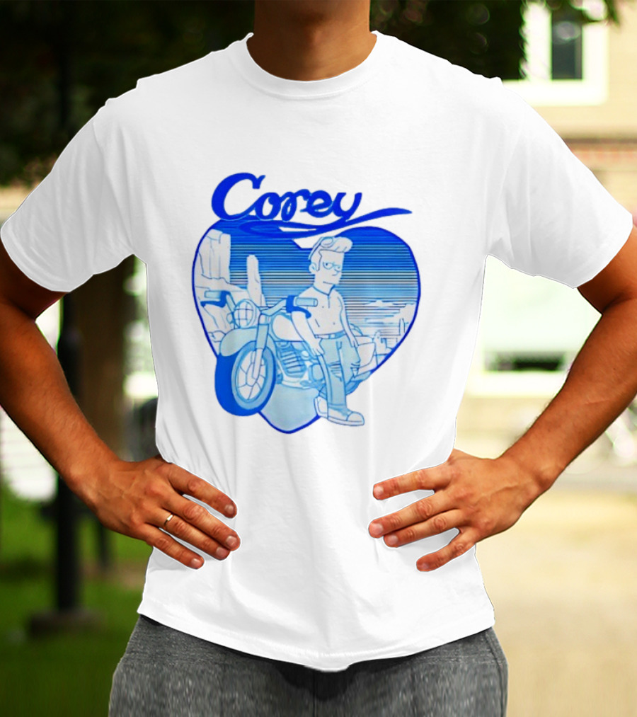 Corey Simpson Motorcycle In Heart Retro Cartoon Style With Blue Desert T-Shirt