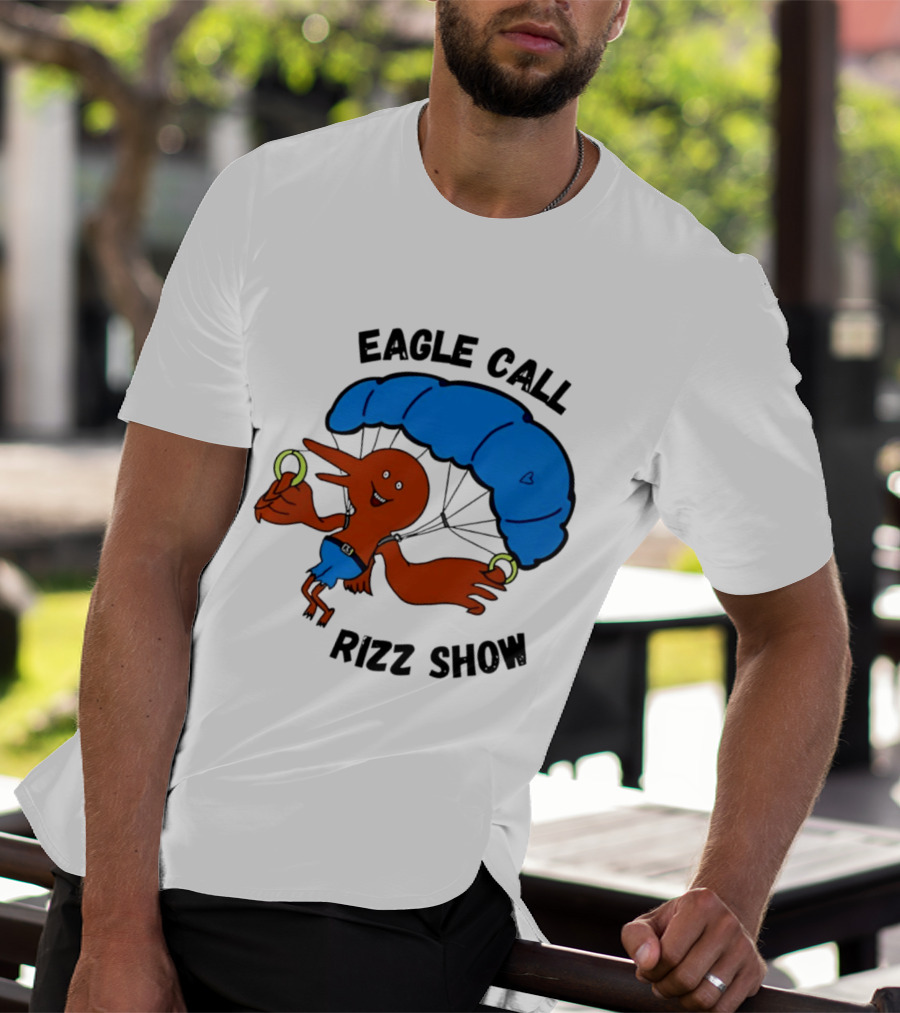Eagle Call Rizz Show Parachuting Bird Character With Blue Canopy T-Shirt