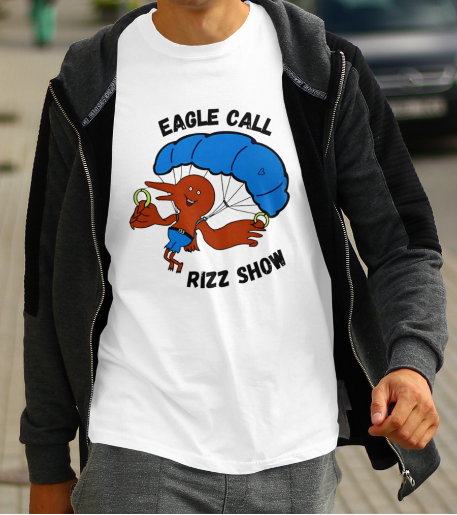 Eagle Call Rizz Show Parachuting Bird Character With Blue Canopy T-Shirt