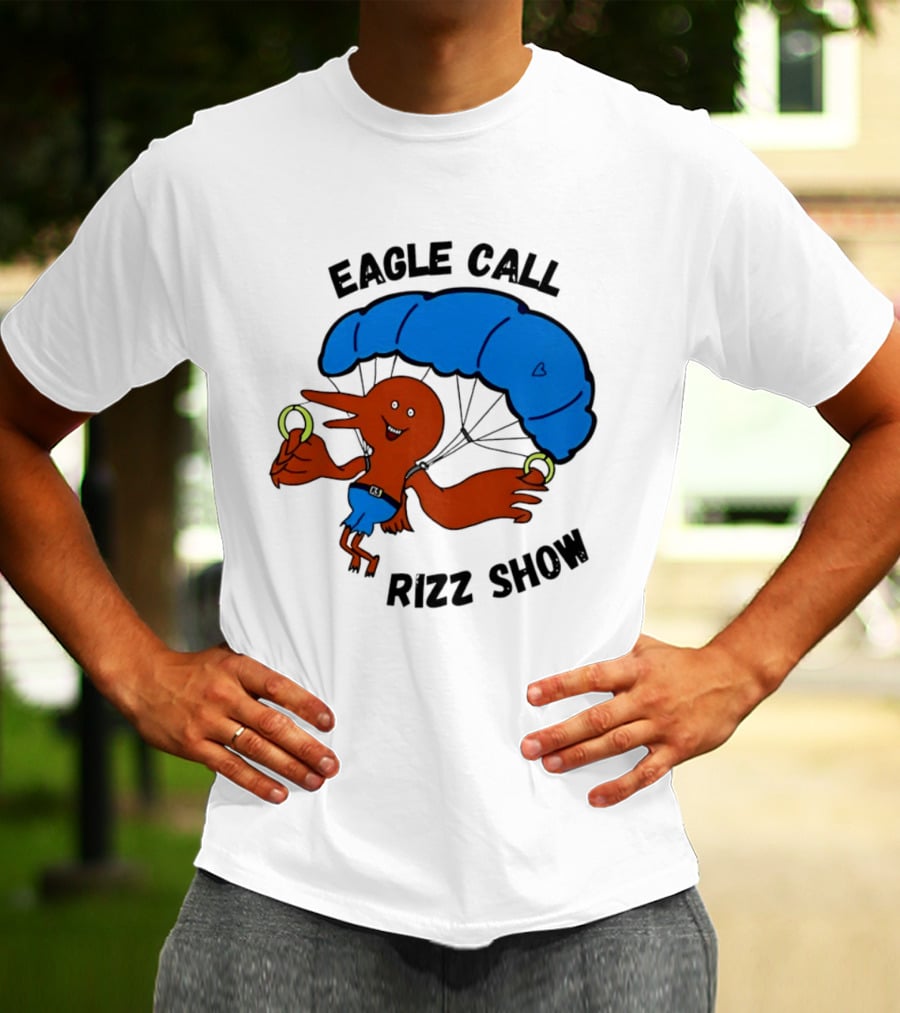 Eagle Call Rizz Show Parachuting Bird Character With Blue Canopy T-Shirt