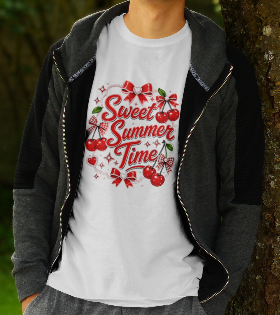 Sweet Summer Time Cherry Pearl Ribbon Hearts Bows T-Shirt