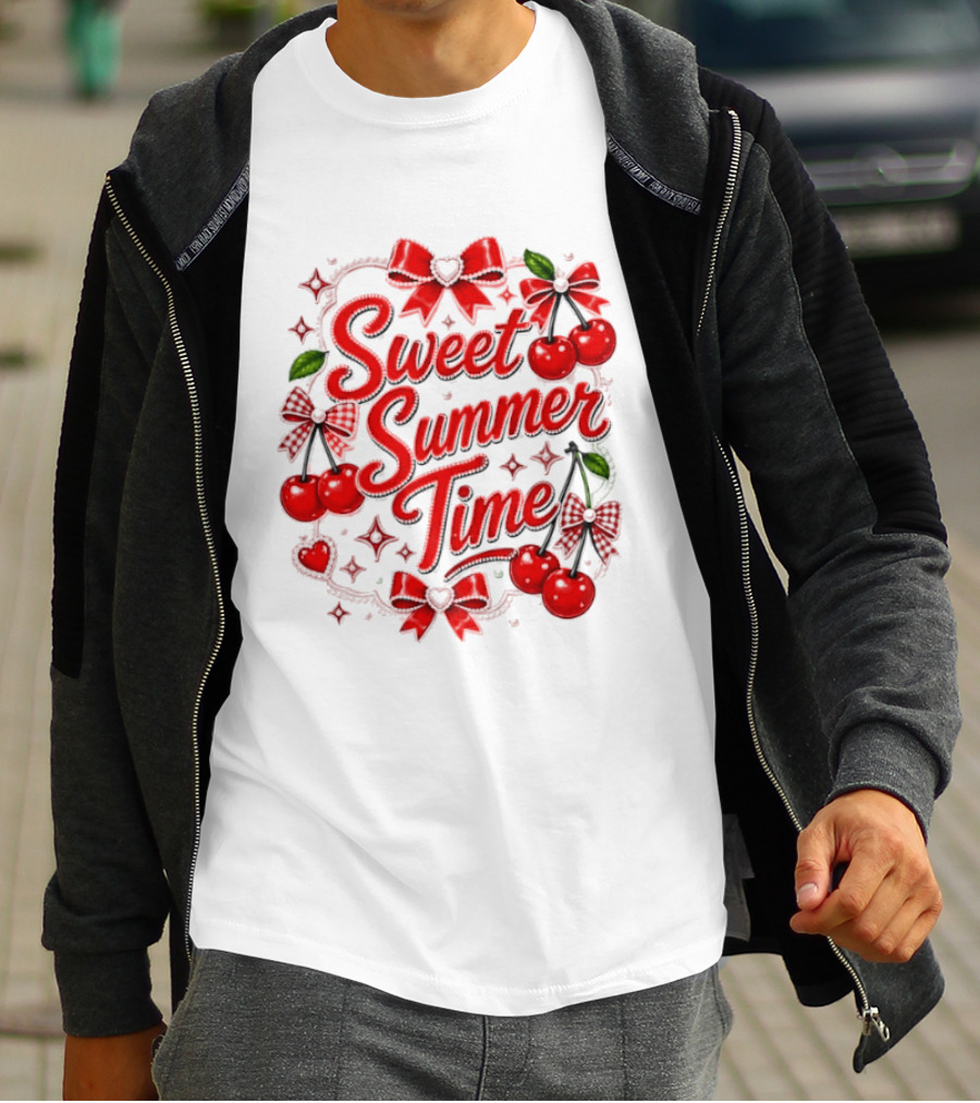 Sweet Summer Time Cherry Pearl Ribbon Hearts Bows T-Shirt