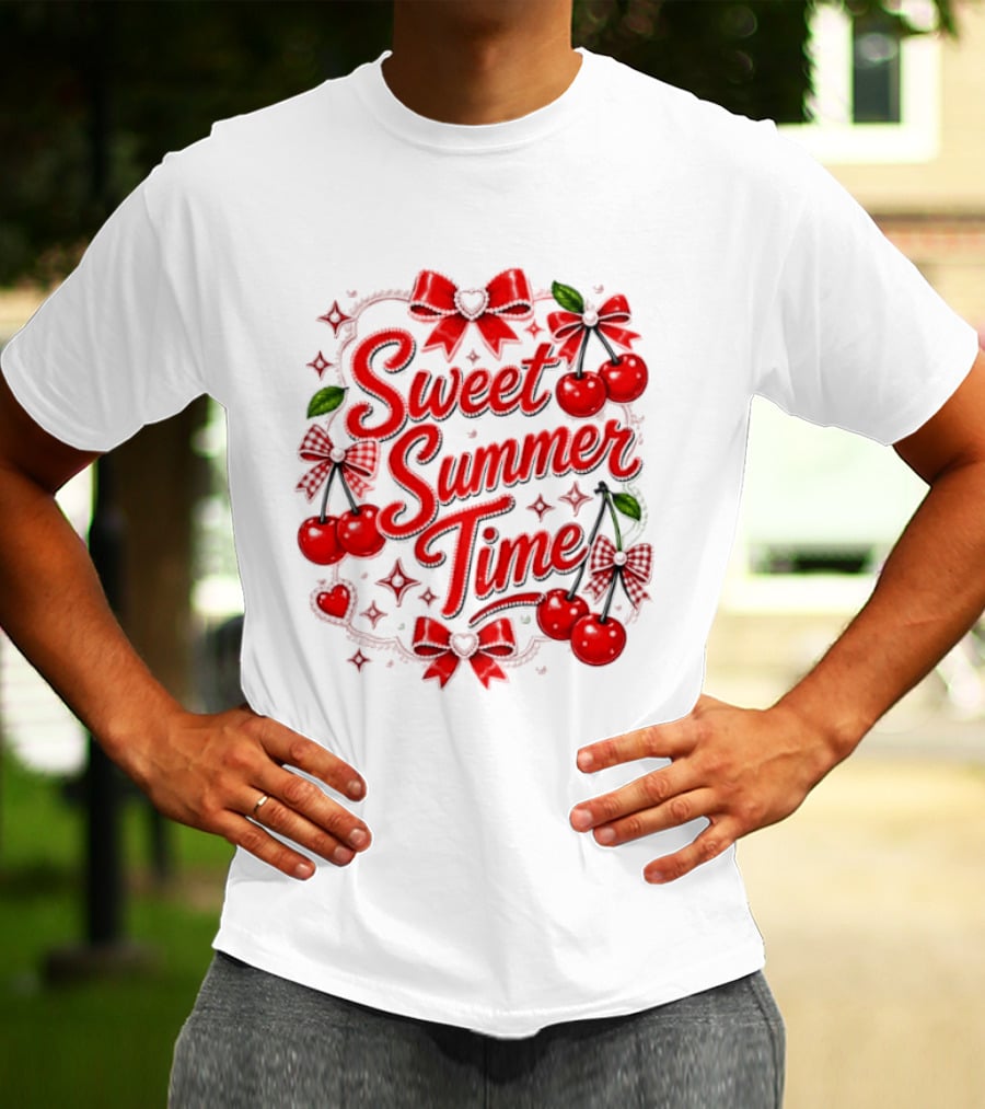 Sweet Summer Time Cherry Pearl Ribbon Hearts Bows T-Shirt