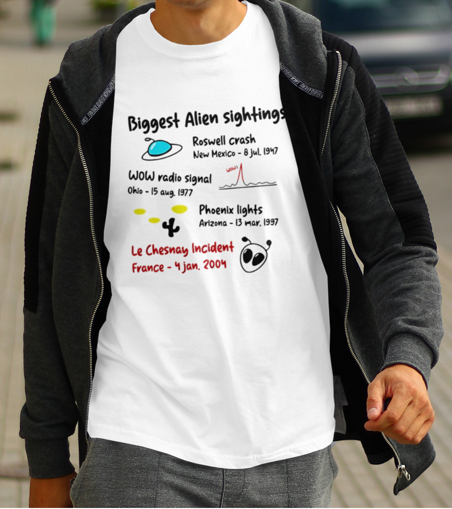 Biggest Alien Sightings Roswell Crash WOW Radio Signal Phoenix Lights Le Chesnay Incident France 4 Jan 2004 T-Shirt