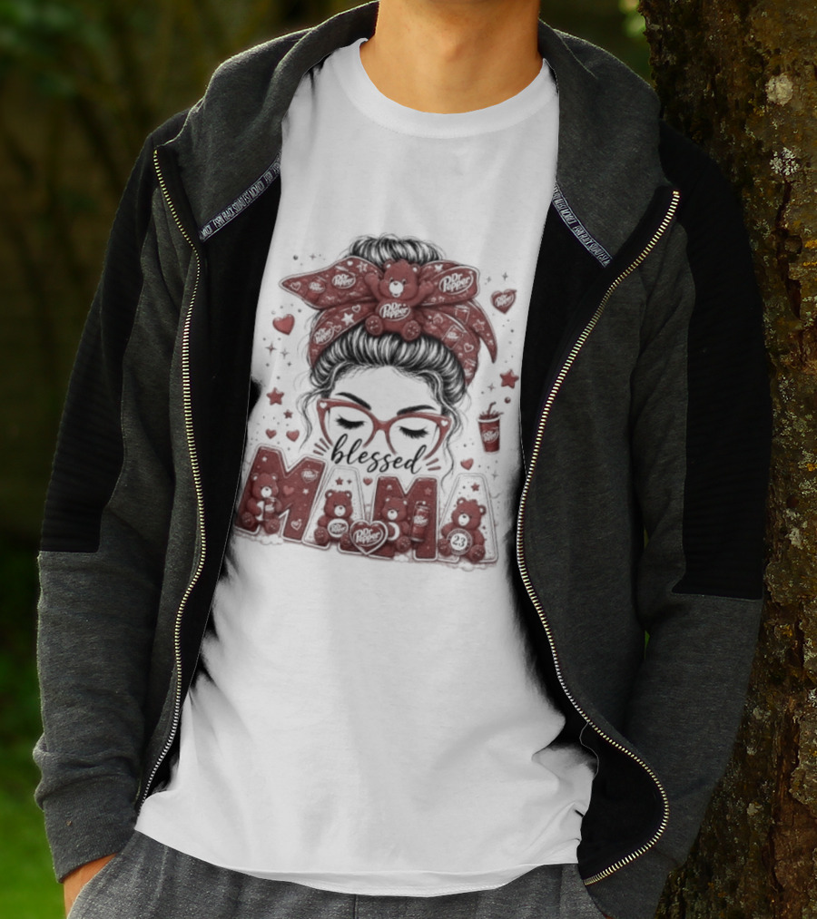 Messy Bun Dr Pepper Blessed Mama Glasses And Bandana T-Shirt