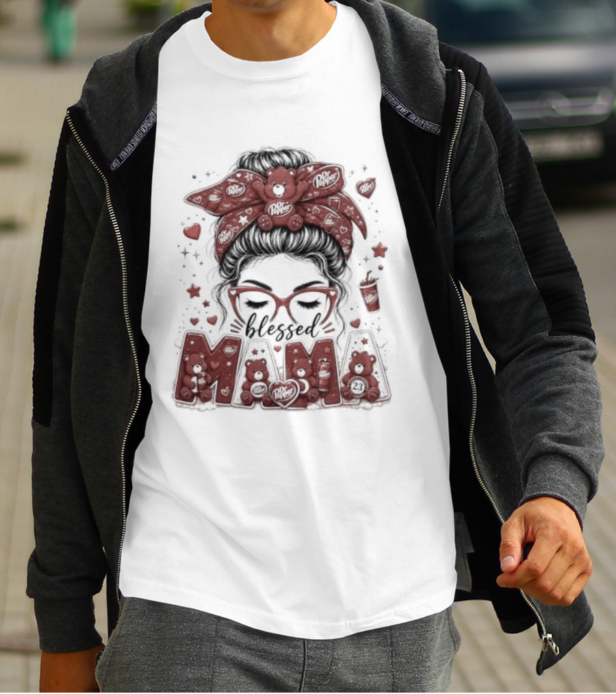 Messy Bun Dr Pepper Blessed Mama Glasses And Bandana T-Shirt