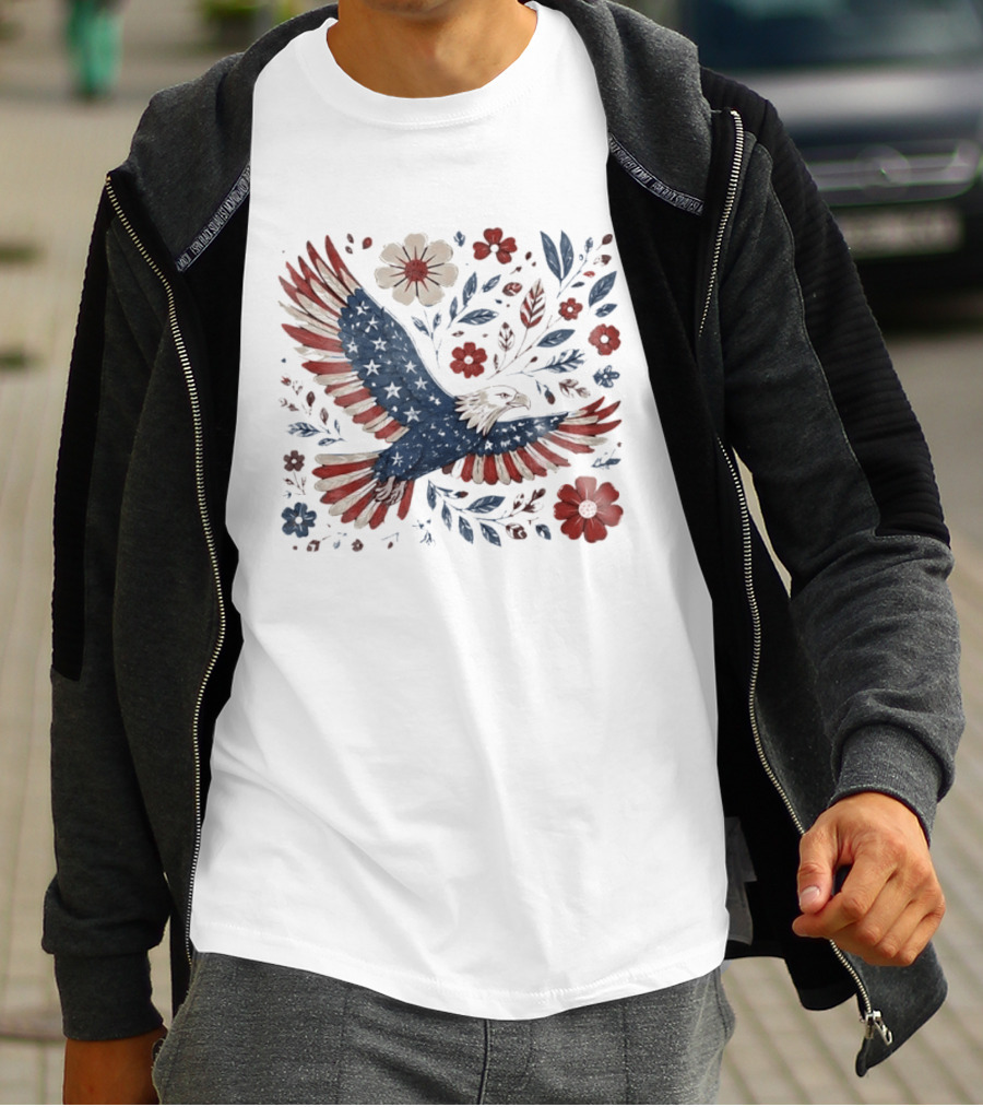 Patriotic Eagle 4th Of July USA 250th Anniversary Freedom Floral T-Shirt