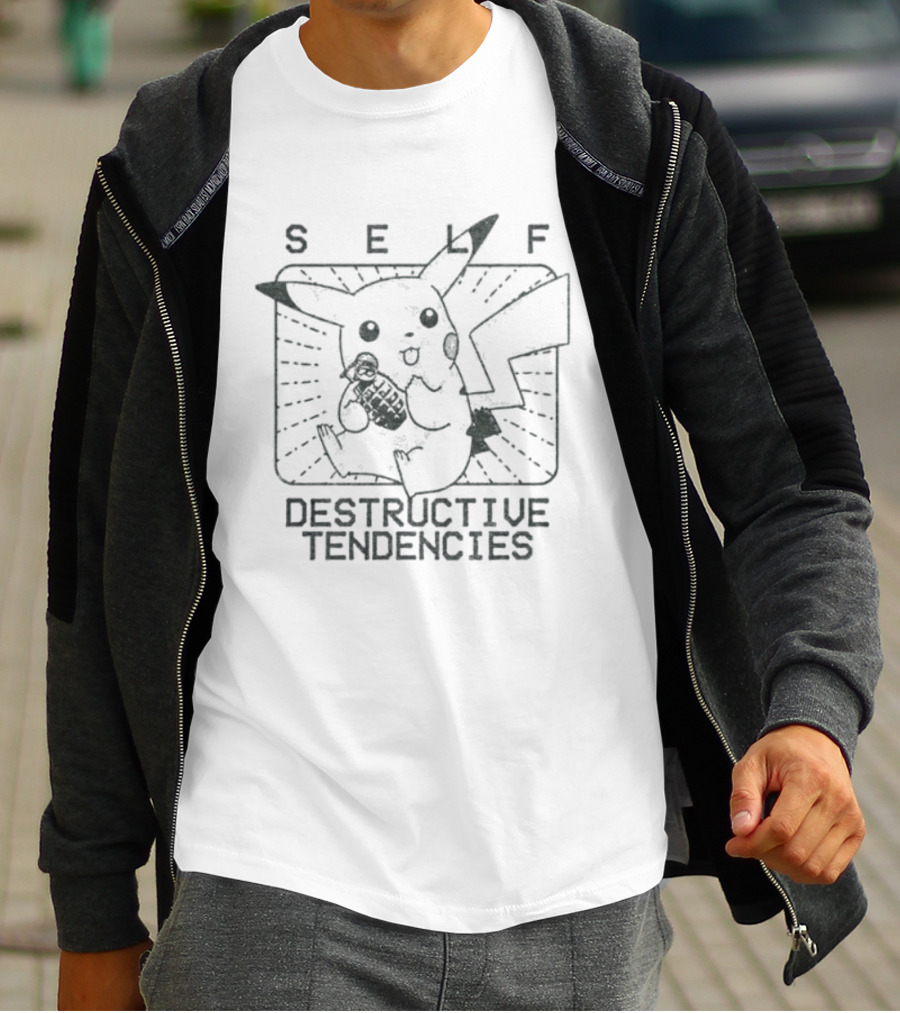 Pikachu Self Destructive Tendencies Featuring Iconic Electric Mouse Image T-Shirt