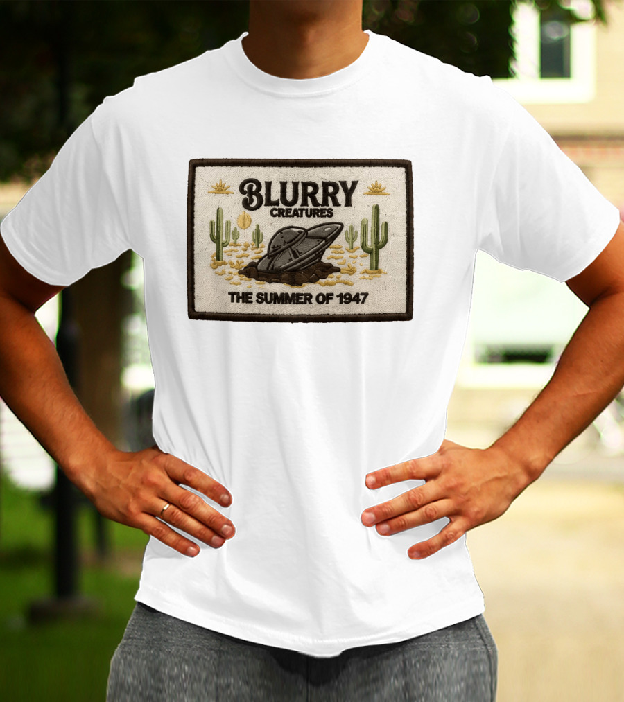 Blurry Creatures UFO Summer 1947 Desert Landscape Cactus Scene T-Shirt