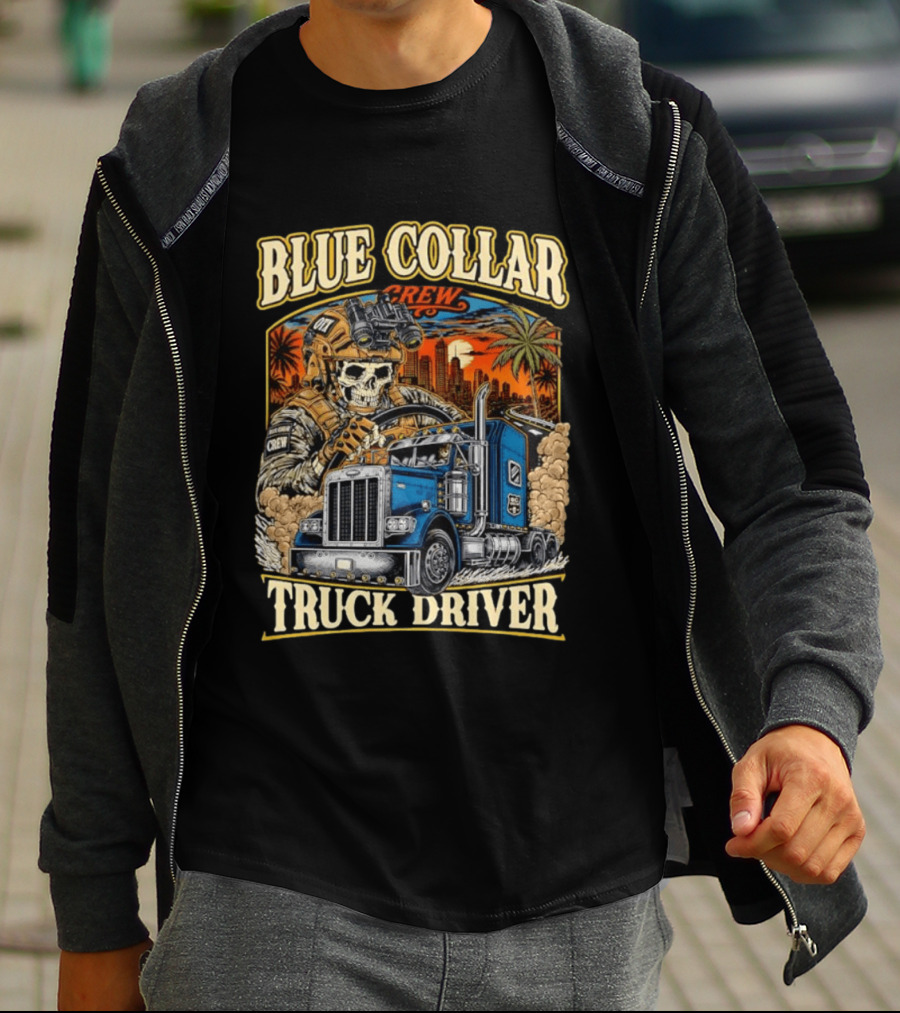 Blue Collar Crew Trucker Skeleton Soldier Truck Driver T-Shirt