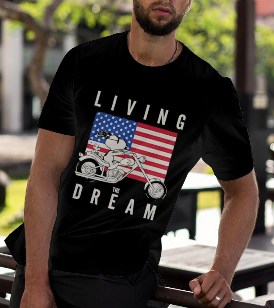 Living The Dream Snoopy Woodstock Motorcycle American Flag Peanuts T-Shirt