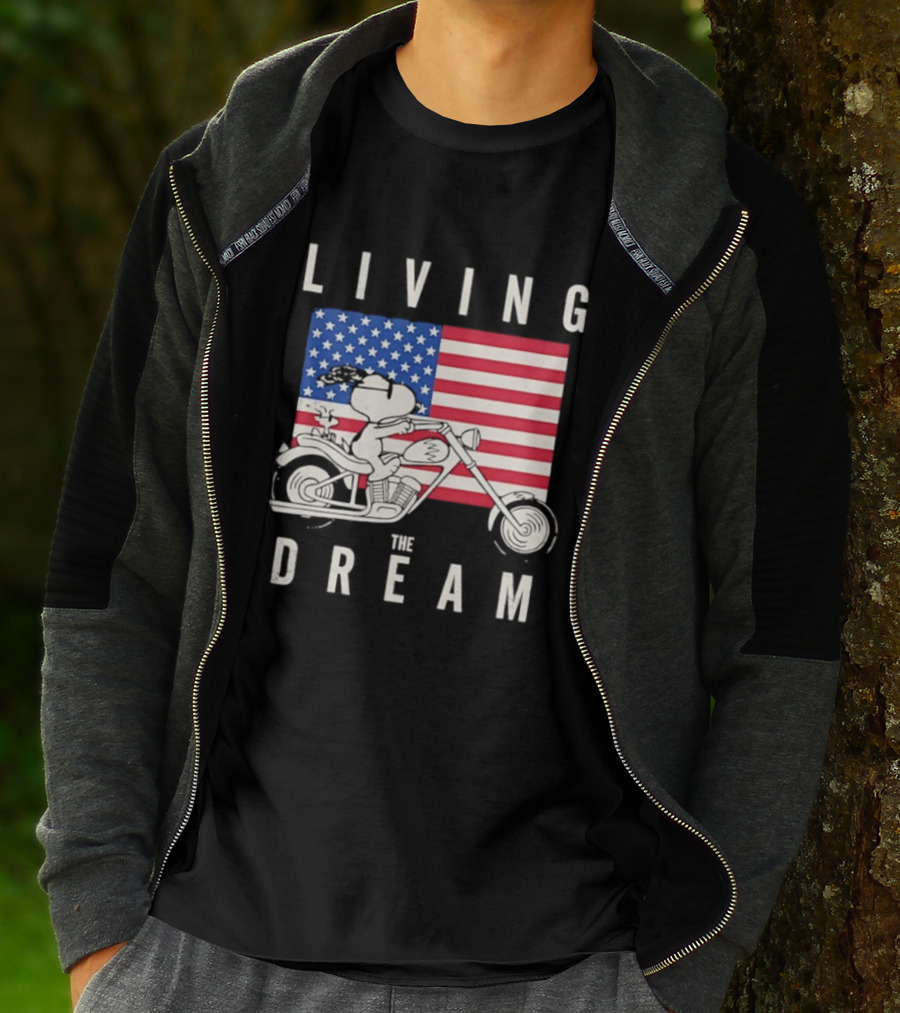 Living The Dream Snoopy Woodstock Motorcycle American Flag Peanuts T-Shirt