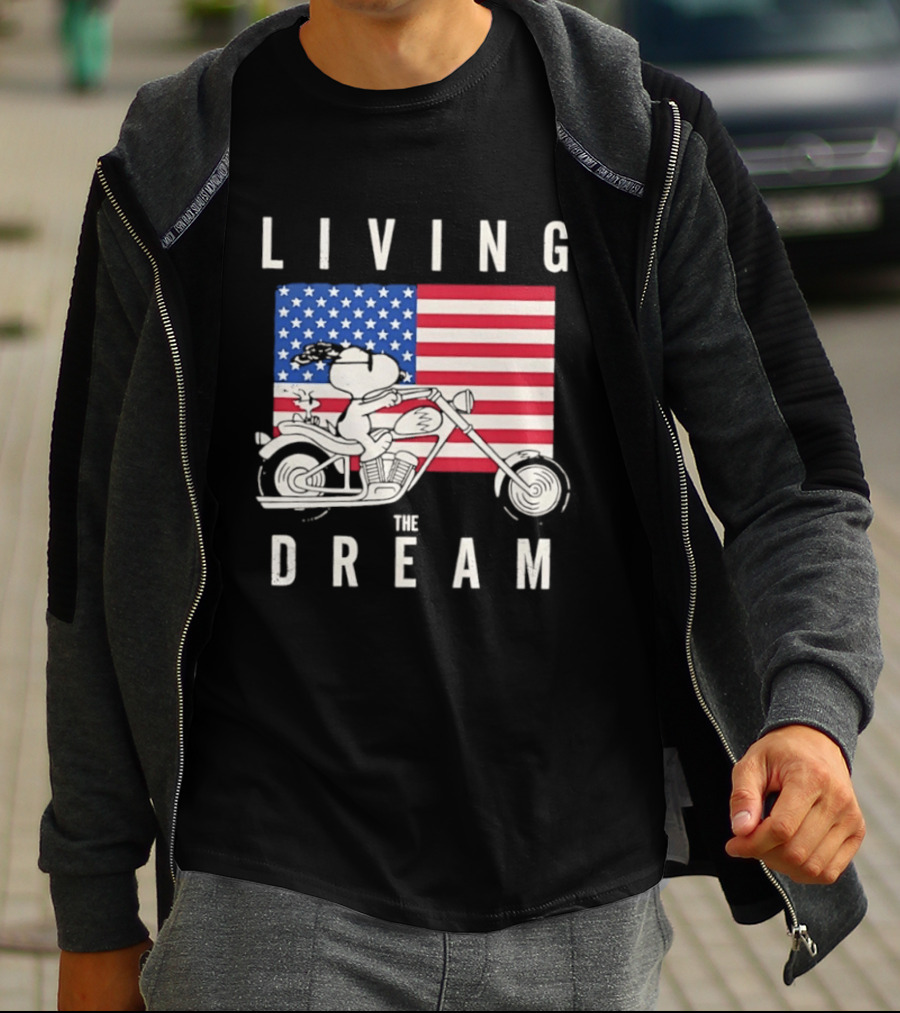 Living The Dream Snoopy Woodstock Motorcycle American Flag Peanuts T-Shirt