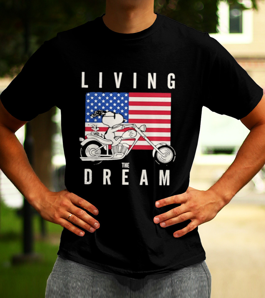 Living The Dream Snoopy Woodstock Motorcycle American Flag Peanuts T-Shirt