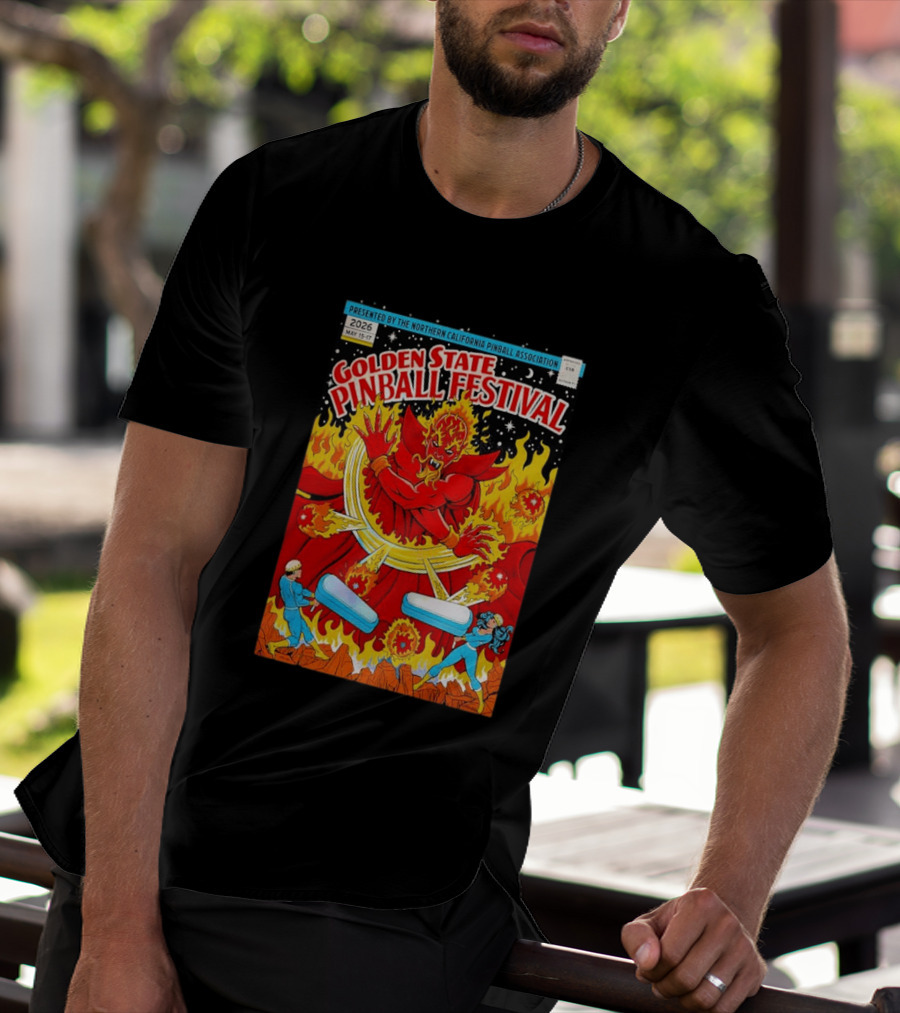 Golden State Pinball Festival Northern California May 2026 Fire Demon Battle T-Shirt