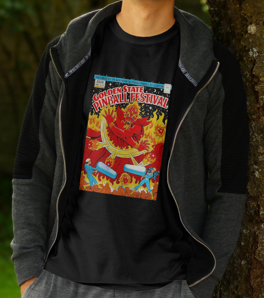 Golden State Pinball Festival Northern California May 2026 Fire Demon Battle T-Shirt
