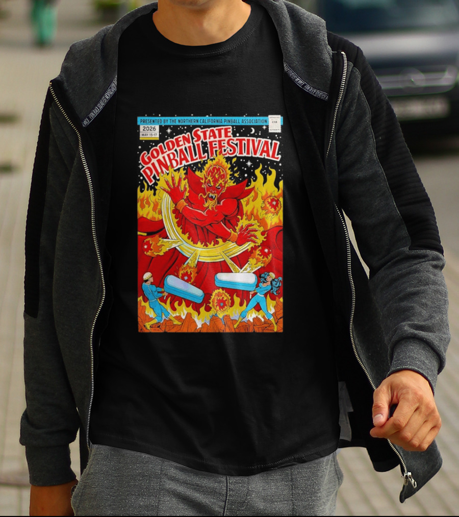 Golden State Pinball Festival Northern California May 2026 Fire Demon Battle T-Shirt