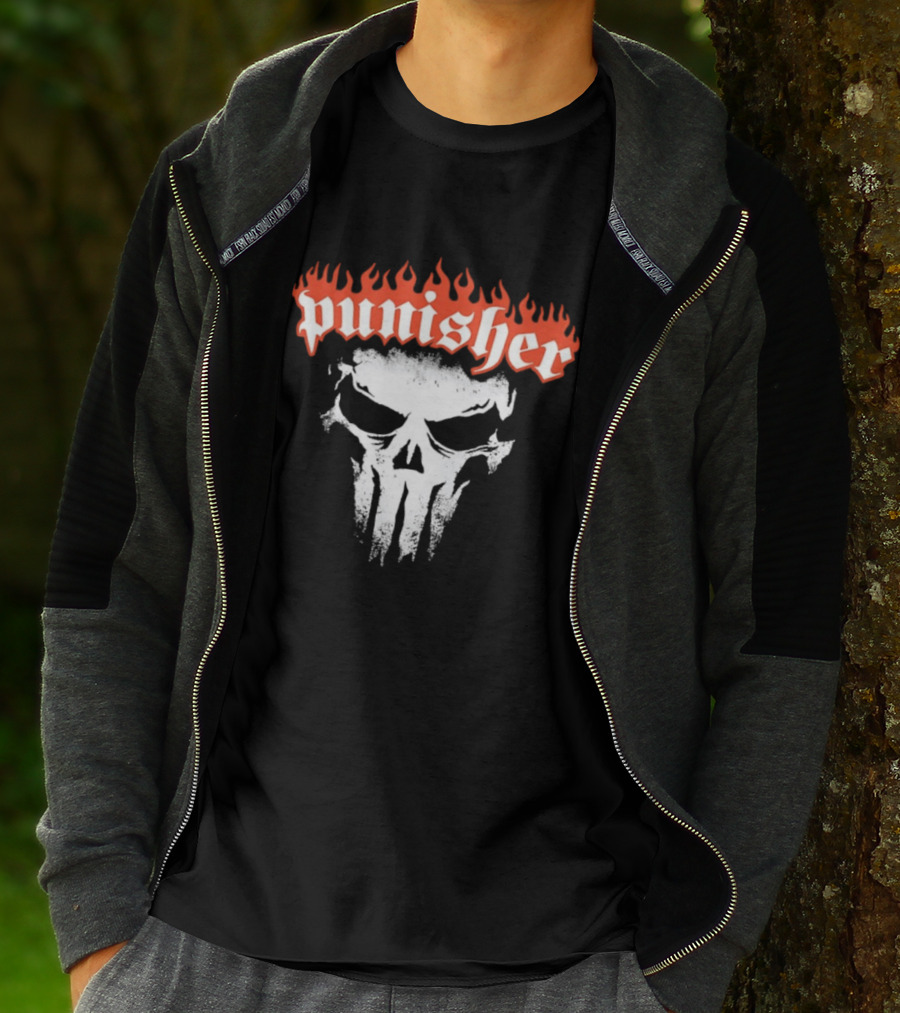 Punisher Skull Flame Graphic With Fiery T-Shirt