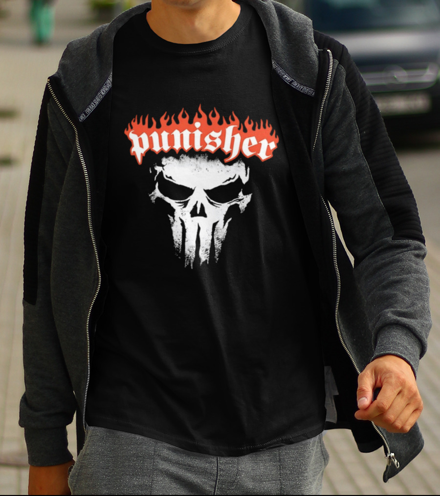 Punisher Skull Flame Graphic With Fiery T-Shirt