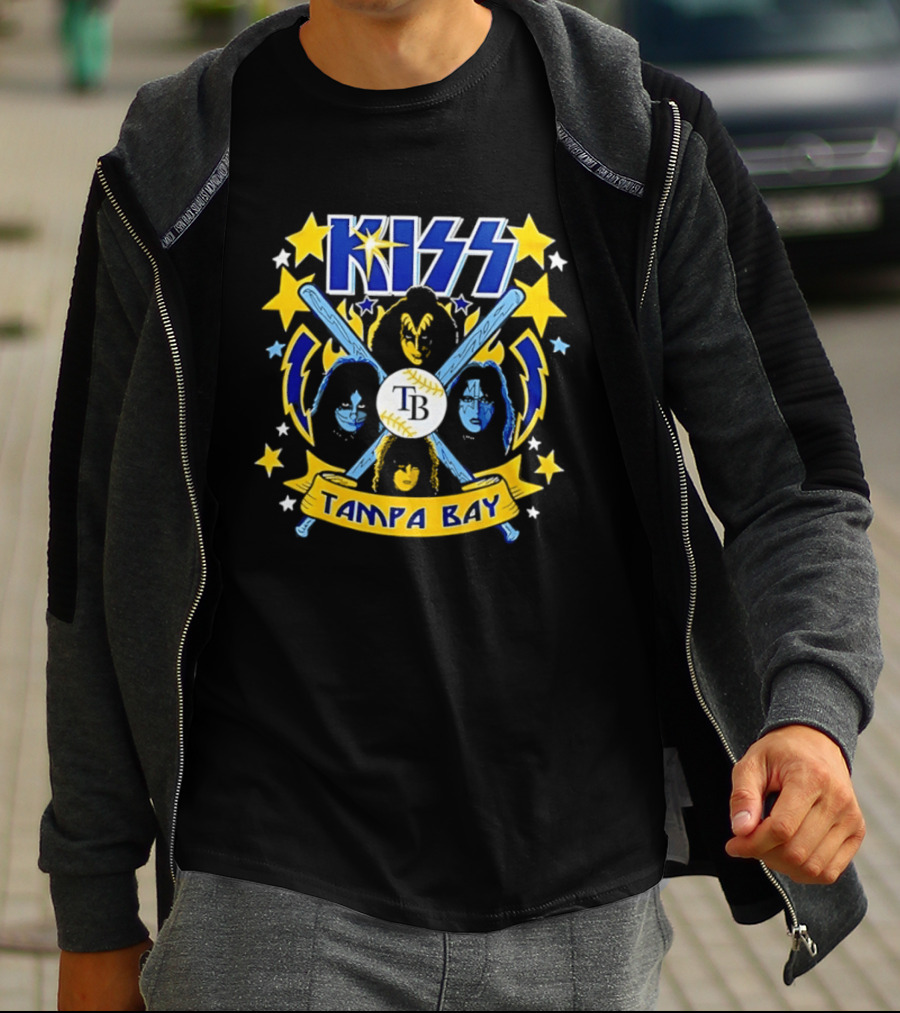 KISS Tampa Bay Baseball Bats Stars Lightning Blue Yellow T-Shirt
