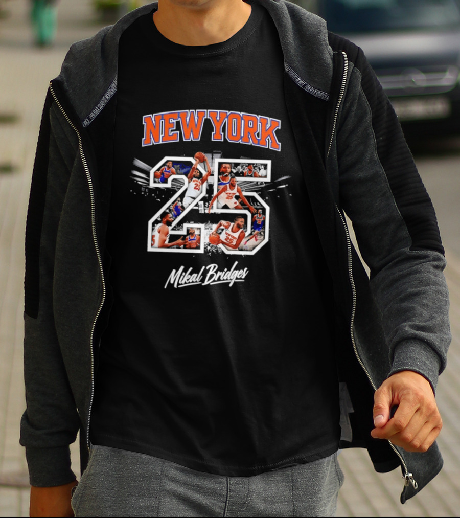 New York Knicks 25 Mikal Bridges Basketball Action Montage T-Shirt