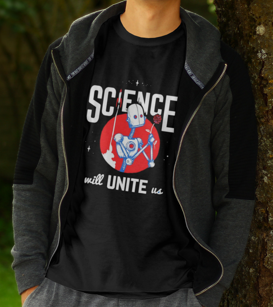 Science Will Unite Us Robot Holding Rose Red Rocket T-Shirt