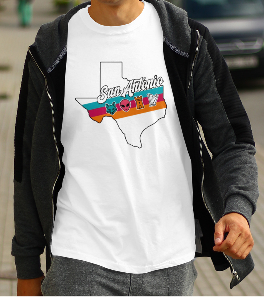 San Antonio Texas Map Alien Fox Castle Harp 2026 T-Shirt