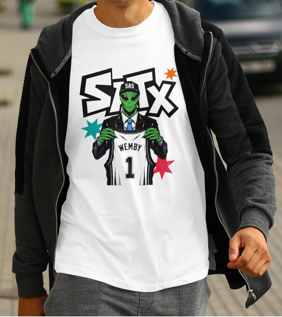 STX SAS Alien Wemby Holding Spurs Jersey Victor Wembanyama T-Shirt