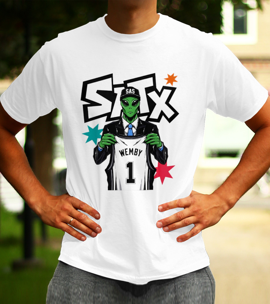 STX SAS Alien Wemby Holding Spurs Jersey Victor Wembanyama T-Shirt