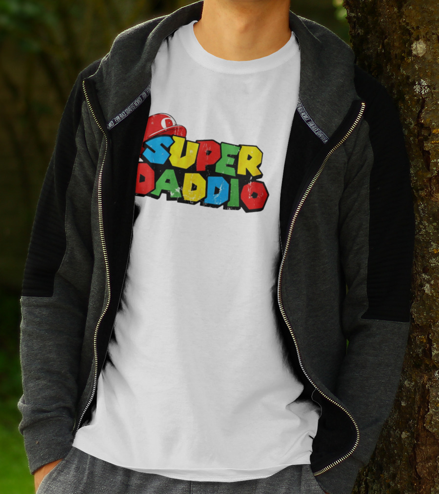 Super Daddio Mario Cartoon Colorful Text With Red Hat T-Shirt
